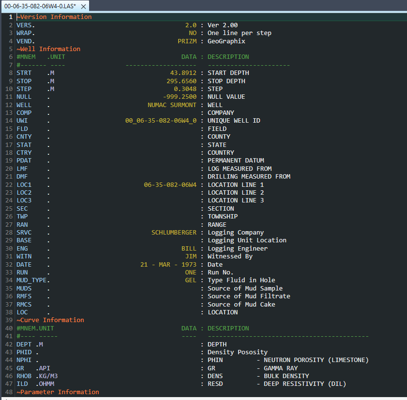 An LAS file after formatting